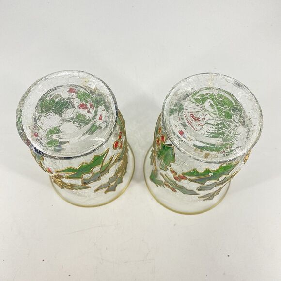 Set Of 2 Celebrations Crackle Glass Christmas Votive Candle Holder Holly Berries - Picture 4 of 4